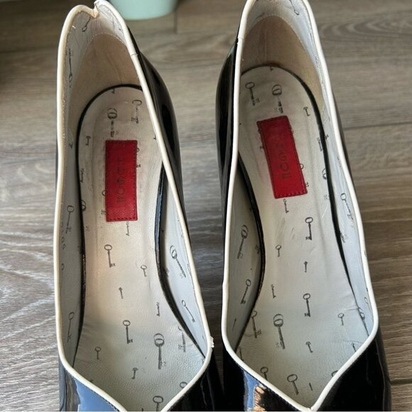 Hugo Boss Peep Toe Patent  Leather Black and White Trim Pumps - Picture 8 of 15